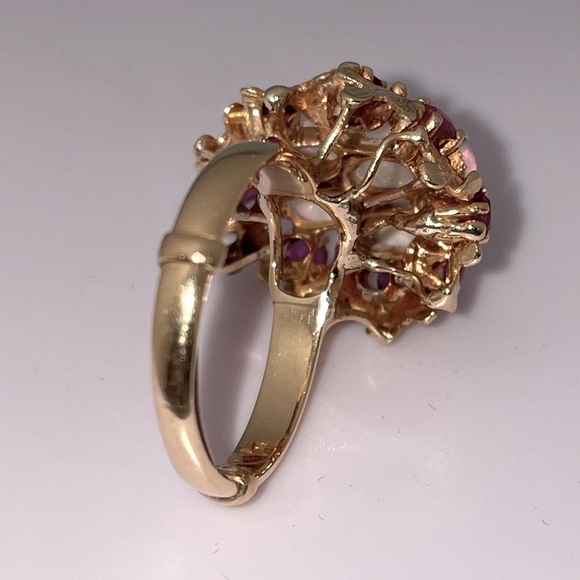 Solid Real 14K Yellow Gold Leaves Opal Ruby Bold Statement Ring Vintage Antique - Picture 16 of 17